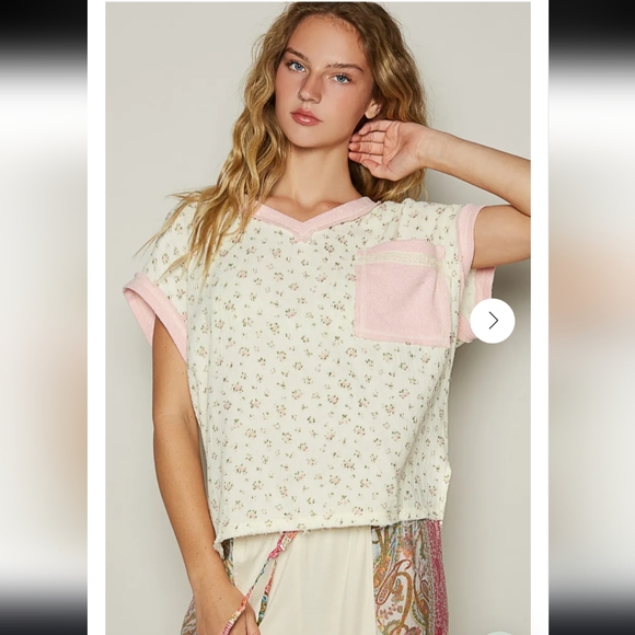 POL Tops - POL Cream Pink 100% Cotton Floral V-Neck Boho Relaxed T-Shirt